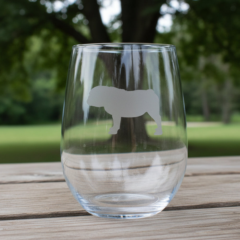 A clear stemless wine glass with a etched bulldog silhouette design  shown on a wooden surface with a tree in the background.