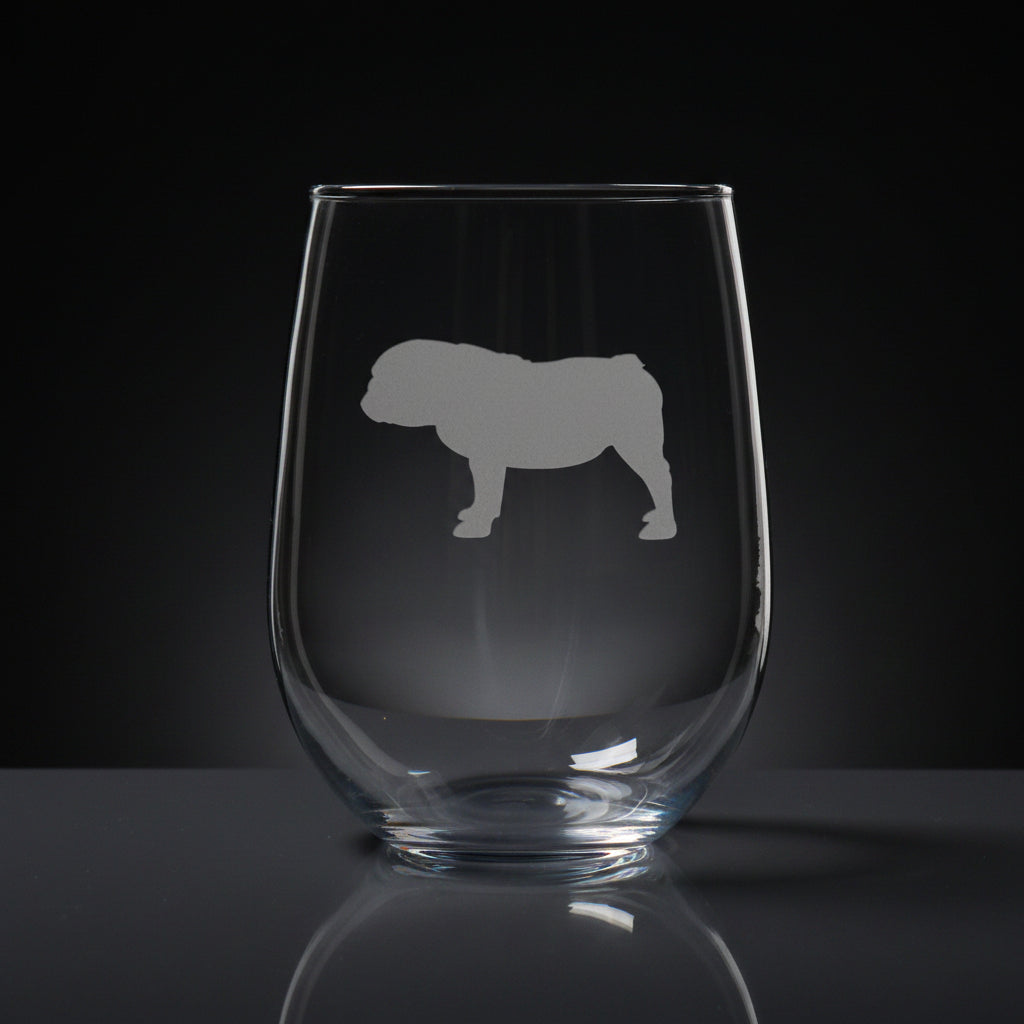 A clear stemless wine glass with a etched bulldog silhouette design  
