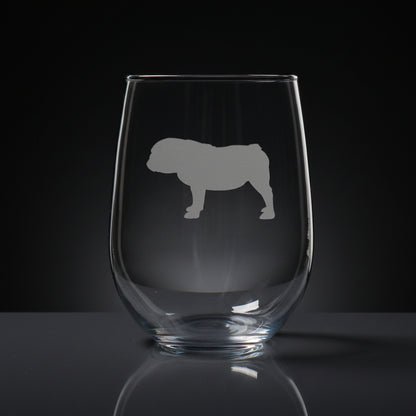 A clear stemless wine glass with a etched bulldog silhouette design  