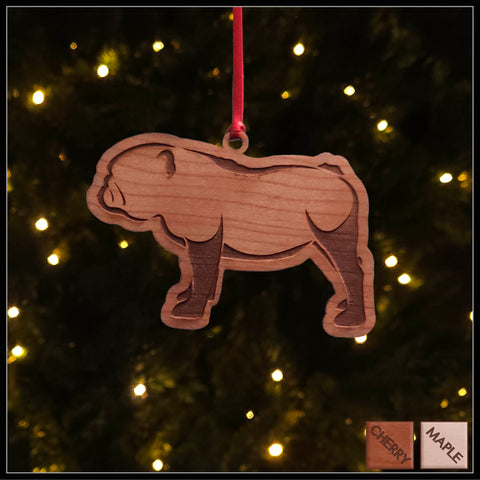 A Bulldog Cherry  wood veneer ornament, with the dog in profile. 