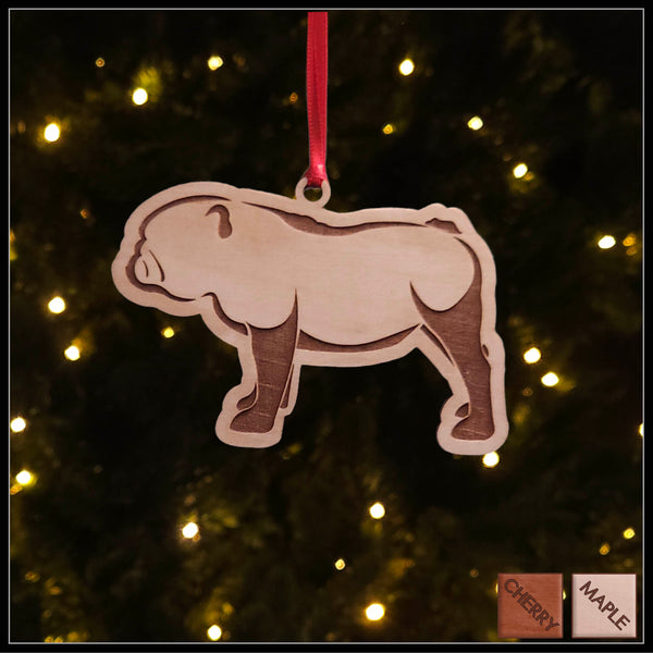 A Bulldog maple wood veneer ornament, with the dog in profile. 