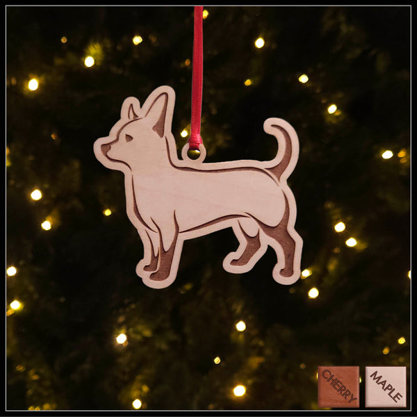A Chihuahua maple wood veneer ornament, with the dog in profile. 