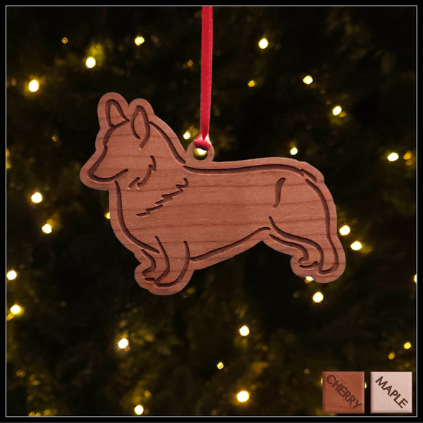 A Corgi cherry wood veneer ornament, with the dog in profile. 
