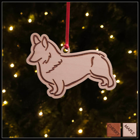 A Corgi maple wood veneer ornament, with the dog in profile. 