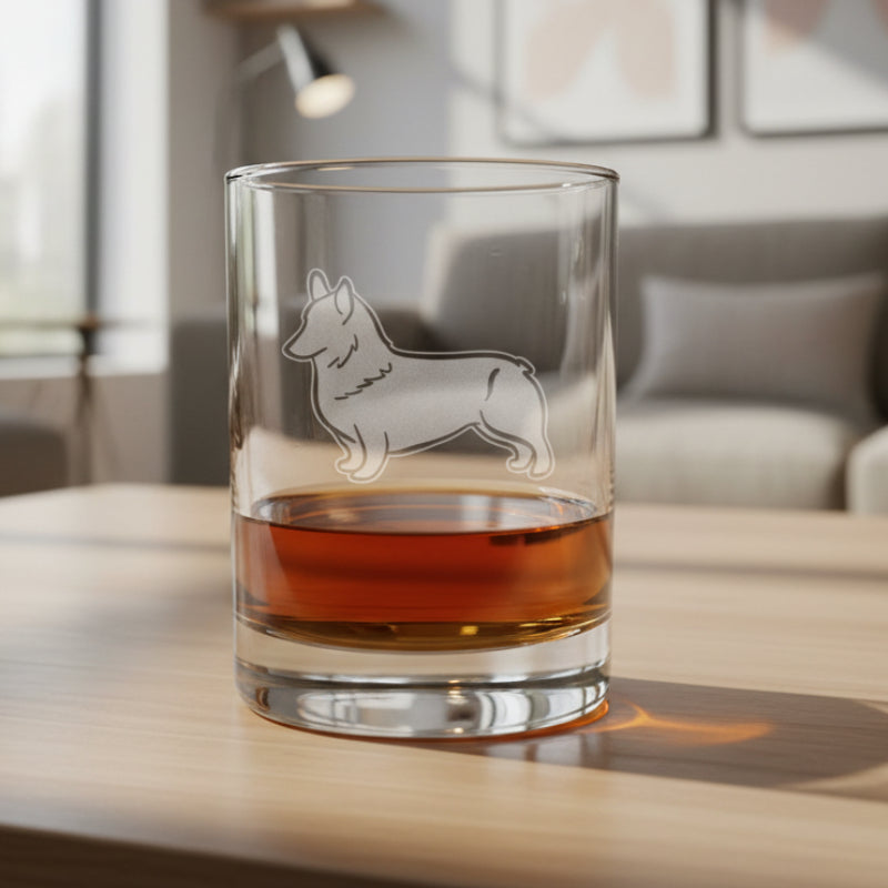 Clear glass with a dog etching on a wooden surface and living room