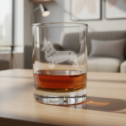 Clear glass with a dog etching on a wooden surface and living room