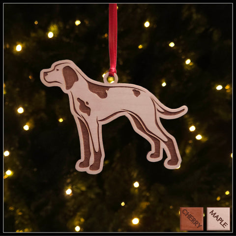A English Pointer maple wood veneer ornament, with the dog in profile. 