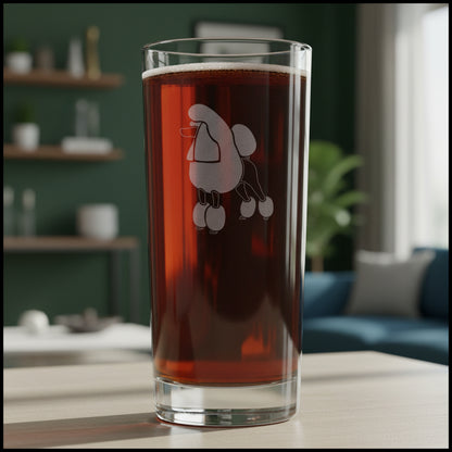 15oz Cooler Glass with an etched poodle with a living room in the background.
