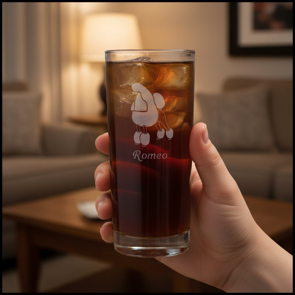 15oz Cooler Glass with an etched poodle with a living room in the background.