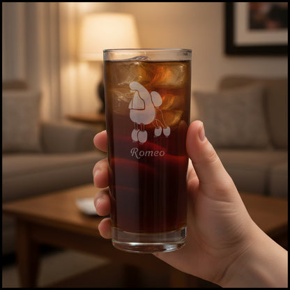 15oz Cooler Glass with an etched poodle with a living room in the background.