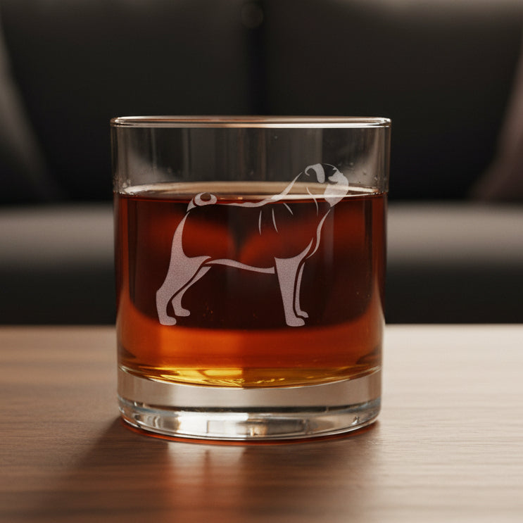Etched Pug design on a 11oz whiskey  glass with a home bar in the background