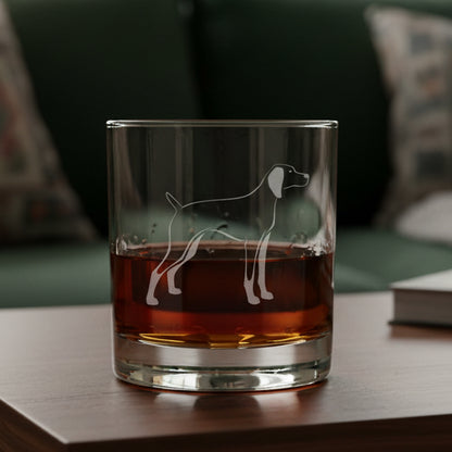 Etched Vizsla design on a 11oz whiskey  glass with a green couch in the background