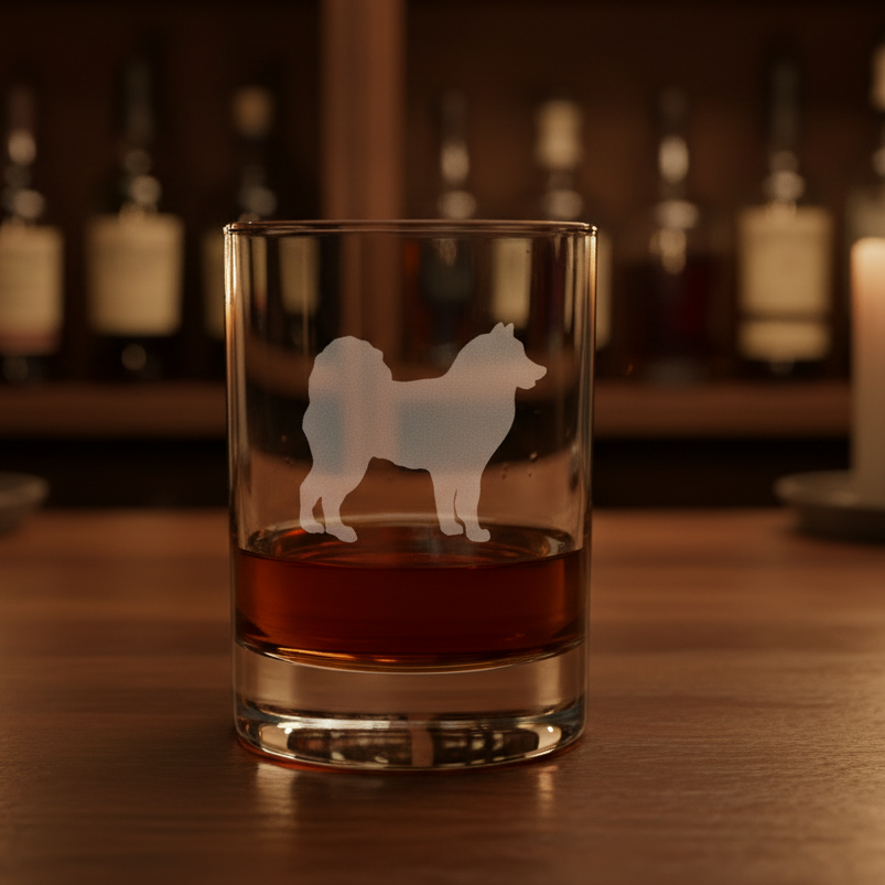 Clear glass tumbler with a Alaskan Eskimo dog silhouette etching filled with amber liquid on a grey background