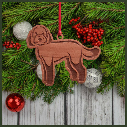 A Labradoodle cherry wood veneer ornament, with the dog in profile.