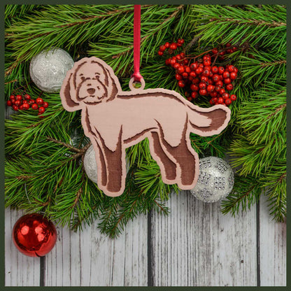 A Labradoodle maple wood veneer ornament, with the dog in profile.