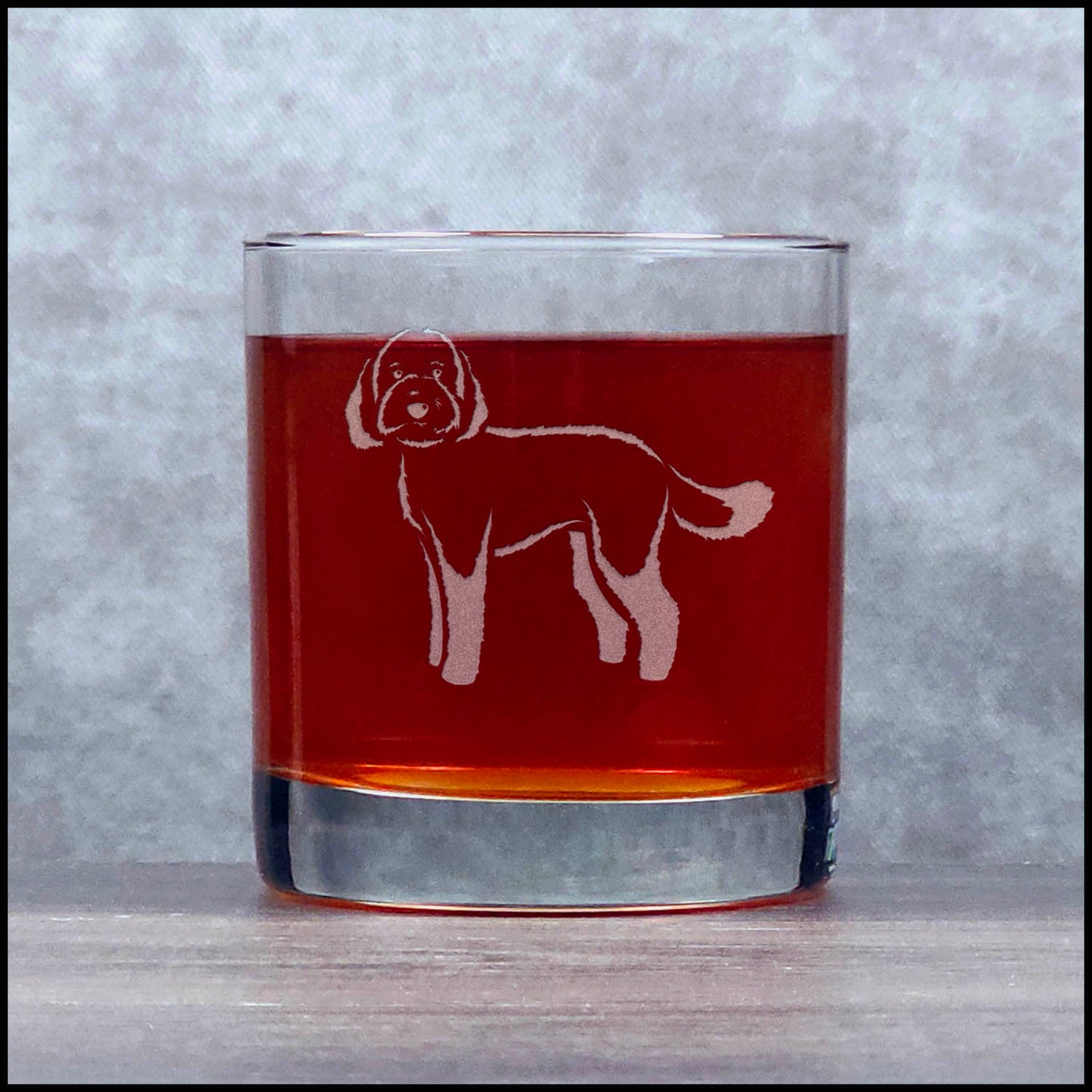  Australian Labradoodle Whiskey Glass - Sand Blasted glass - Copyright Hues in Glass