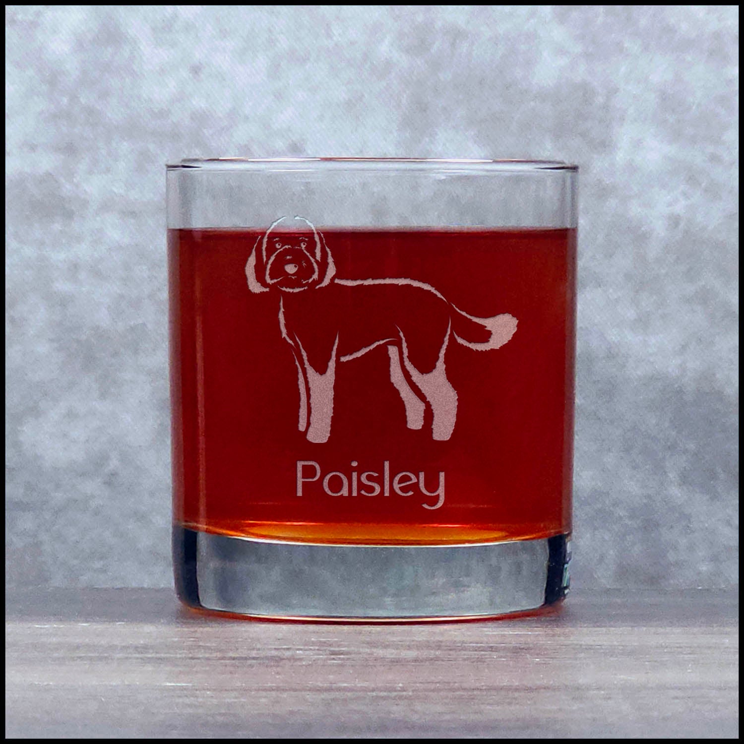  Australian Labradoodle Whiskey Glass - Sand Blasted glass with name - Copyright Hues in Glass