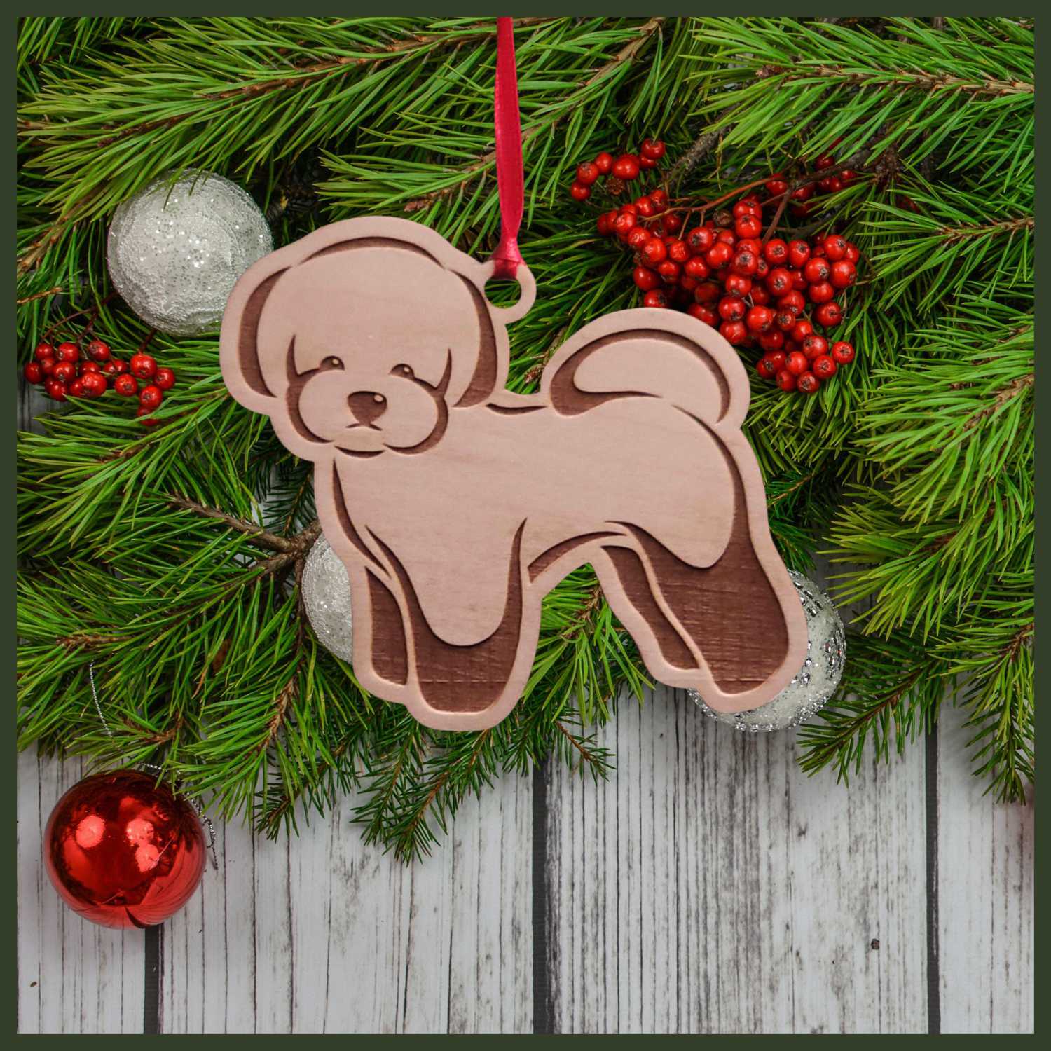 A Bichon Frisé maple wood veneer ornament, with the dog in profile. 