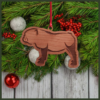 A Bulldog Cherry  wood veneer ornament, with the dog in profile. 
