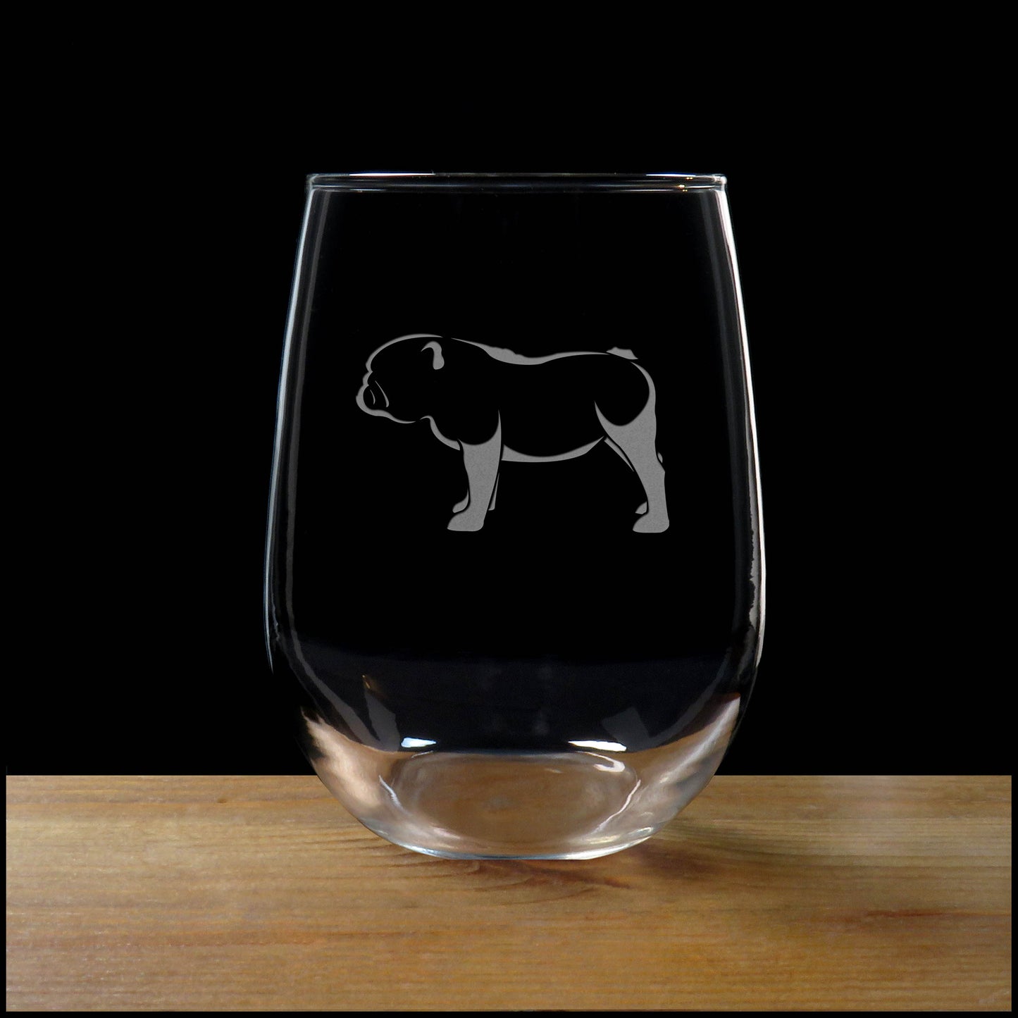 Bulldog 17oz Stemless Wine Glass – Sand Etched Bulldog Dog Lover Glass