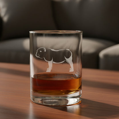 Bulldog 13oz Etched Whiskey Glass with Design - Dog Lover Bourbon & Scotch Glass Gift