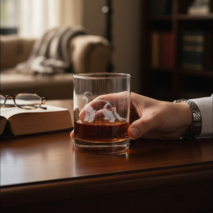 Hand holding a glass of whiskey on a wooden table with a Cavalier King Charles Spaniel