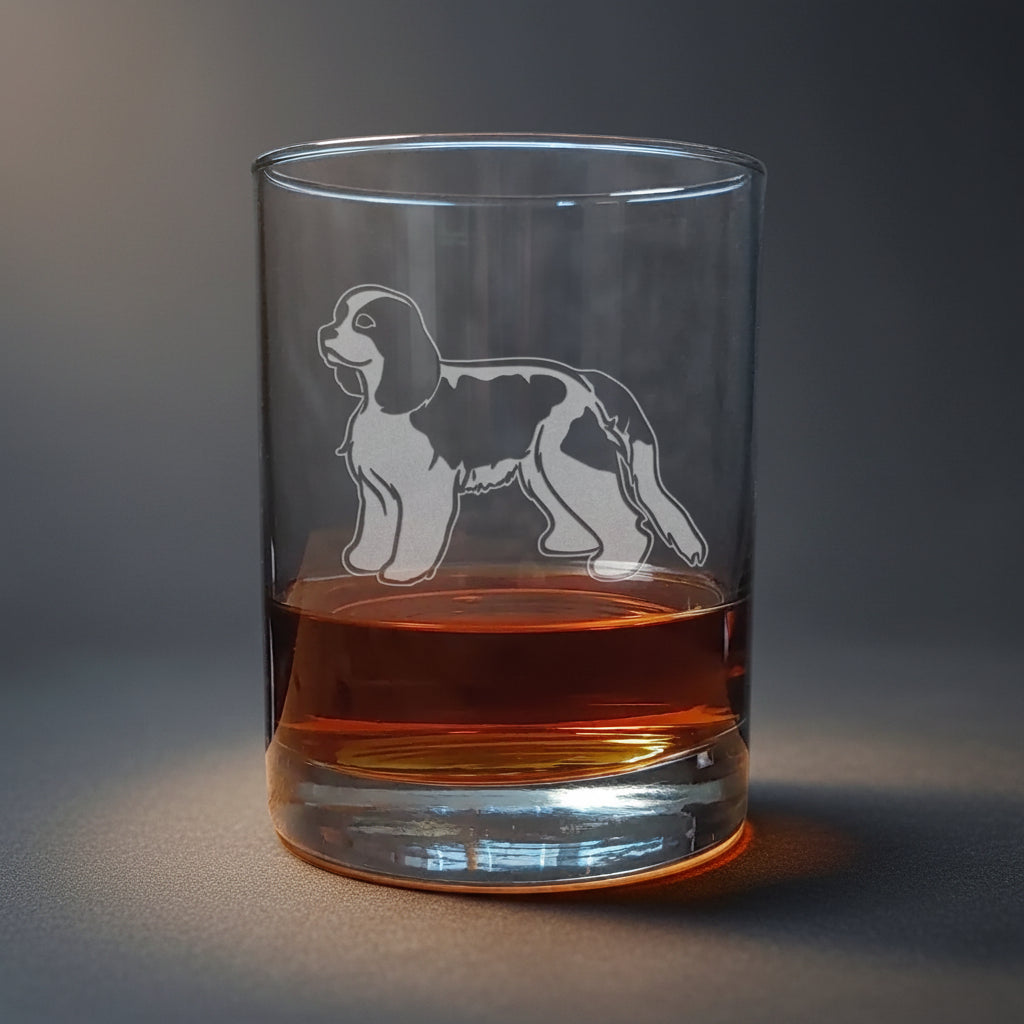Clear glass tumbler with a dog etching filled with amber liquid on a wooden surface.