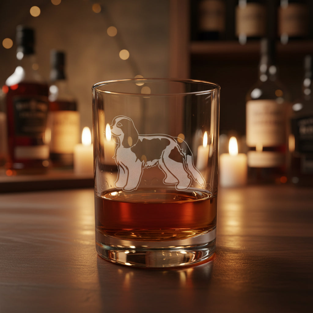 Cavalier KIng Charles 13oz Etched Whiskey Glass - Dog Lover Bourbon & Scotch Glass Gift