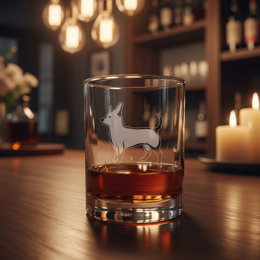 Clear glass tumbler with a dog engraving filled with amber liquid on a wooden surface.