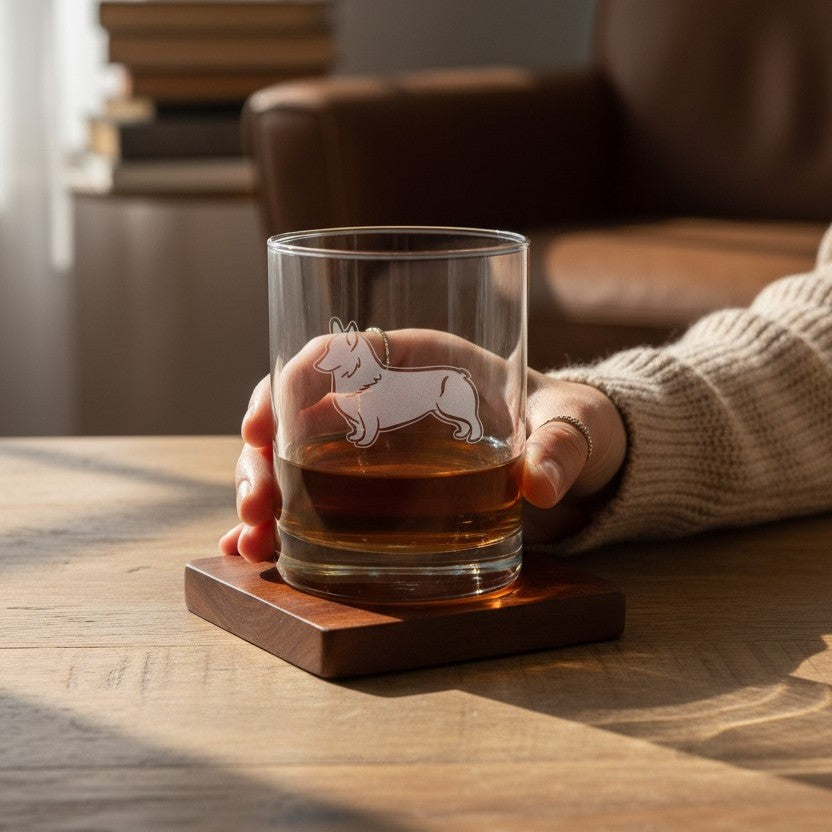 Hand holding a glass of whiskey with a dog engraving on a wooden coaster.