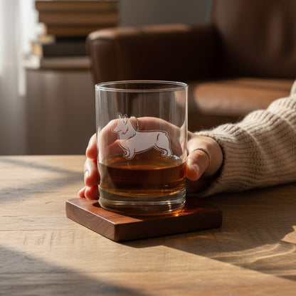 Hand holding a glass of whiskey with a dog engraving on a wooden coaster.