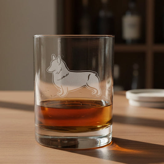 A clear rocks glass with an etched corgi dog silhouette, partially filled with amber whiskey, sitting on a wooden table in warm natural light.