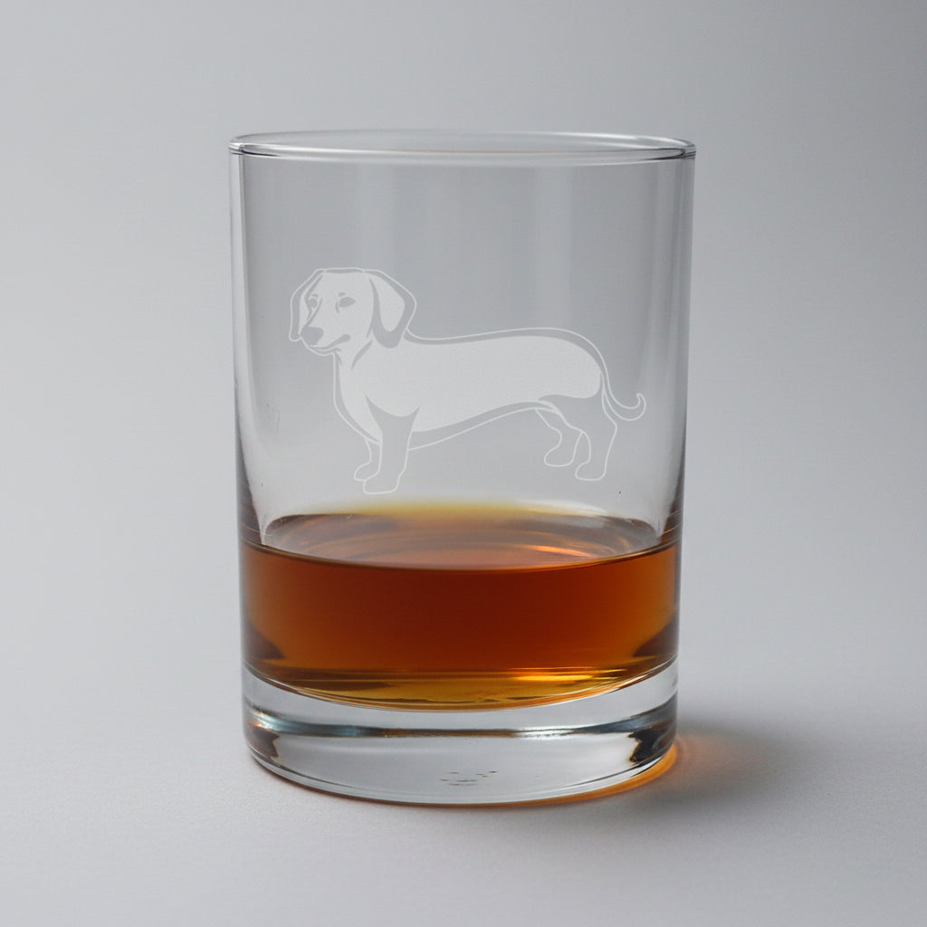 Clear glass with dachshund engraving containing a amber liquor on a on a softly lite background