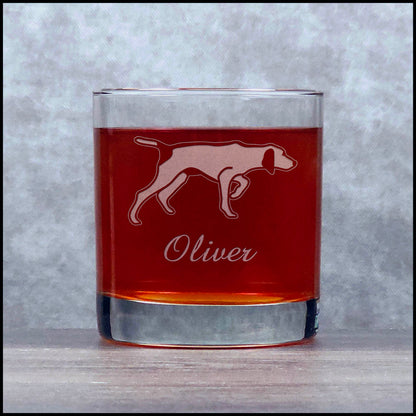 German Pointer Etched 11oz whiskey glass for dog lovers - Durable engraved rocks glass for bourbon, scotch, and cocktails.