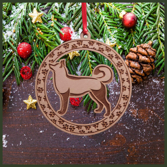 A round Maple wood veneer ornament with a border of small paw prints. The center of the ornament is a Husky dog.