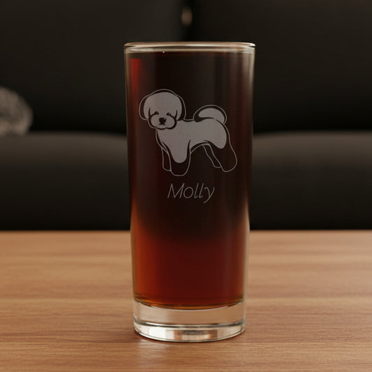Cooler glass with a Bichon Frise dog illustration and 'Molly' text on a gray background