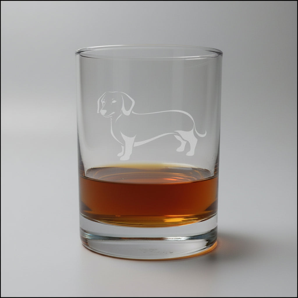 Clear glass with dachshund engraving containing a amber liquor on a on a softly lite background