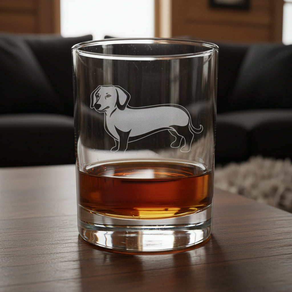 Clear glass tumbler with dachshund engraving on a wooden surface with a black couch in the background