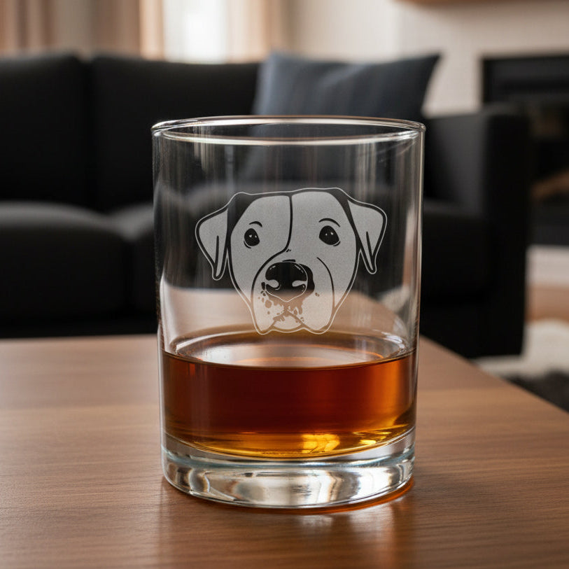 Etched Pitbull Face design on a 13oz whiskey glass with a black couch in the background