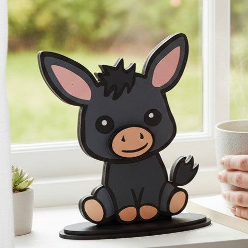 Cartoon donkey shelf decor on a windowsill with a blurred background