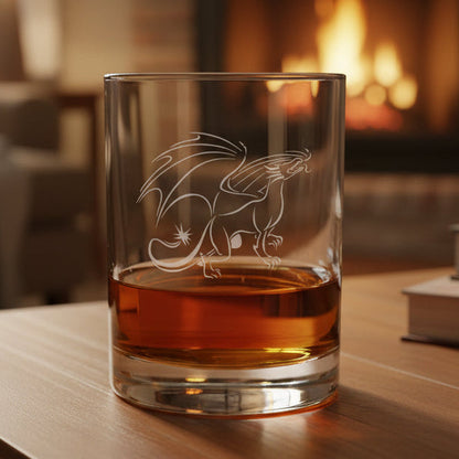 Clear glass tumbler with dragon etching filled with amber liquid on a wooden surface.