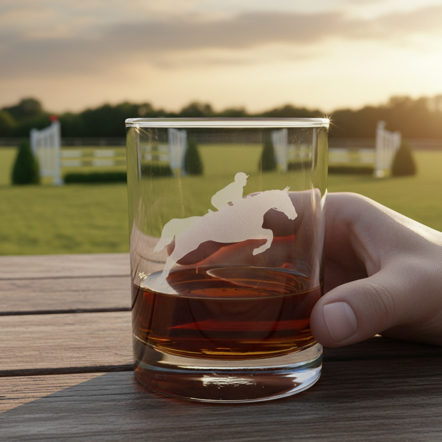 A hand holds a clear rocks glass with an etched silhouette of a horse rider on a jumping horse, filled with amber liquor, set on a wooden table with a blurred outdoor equestrian field at sunset in the background.