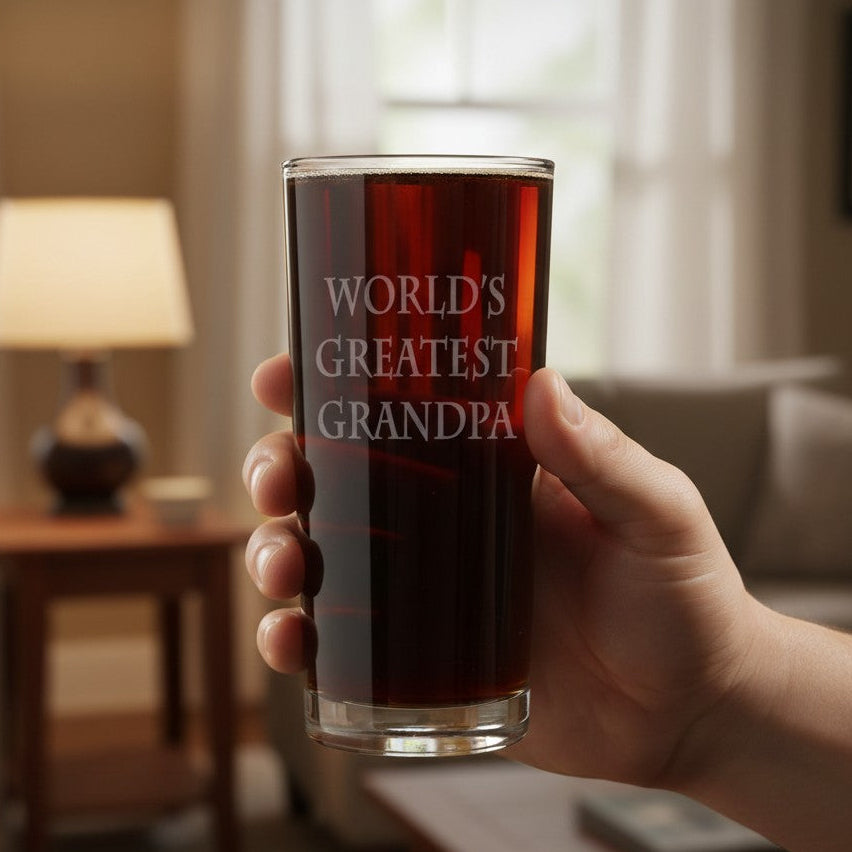 A hand holds a clear highball glass filled with a dark red drink in a cozy living room setting. The glass is etched with the text 'WORLD'S GREATEST GRANDPA' in white serif lettering.