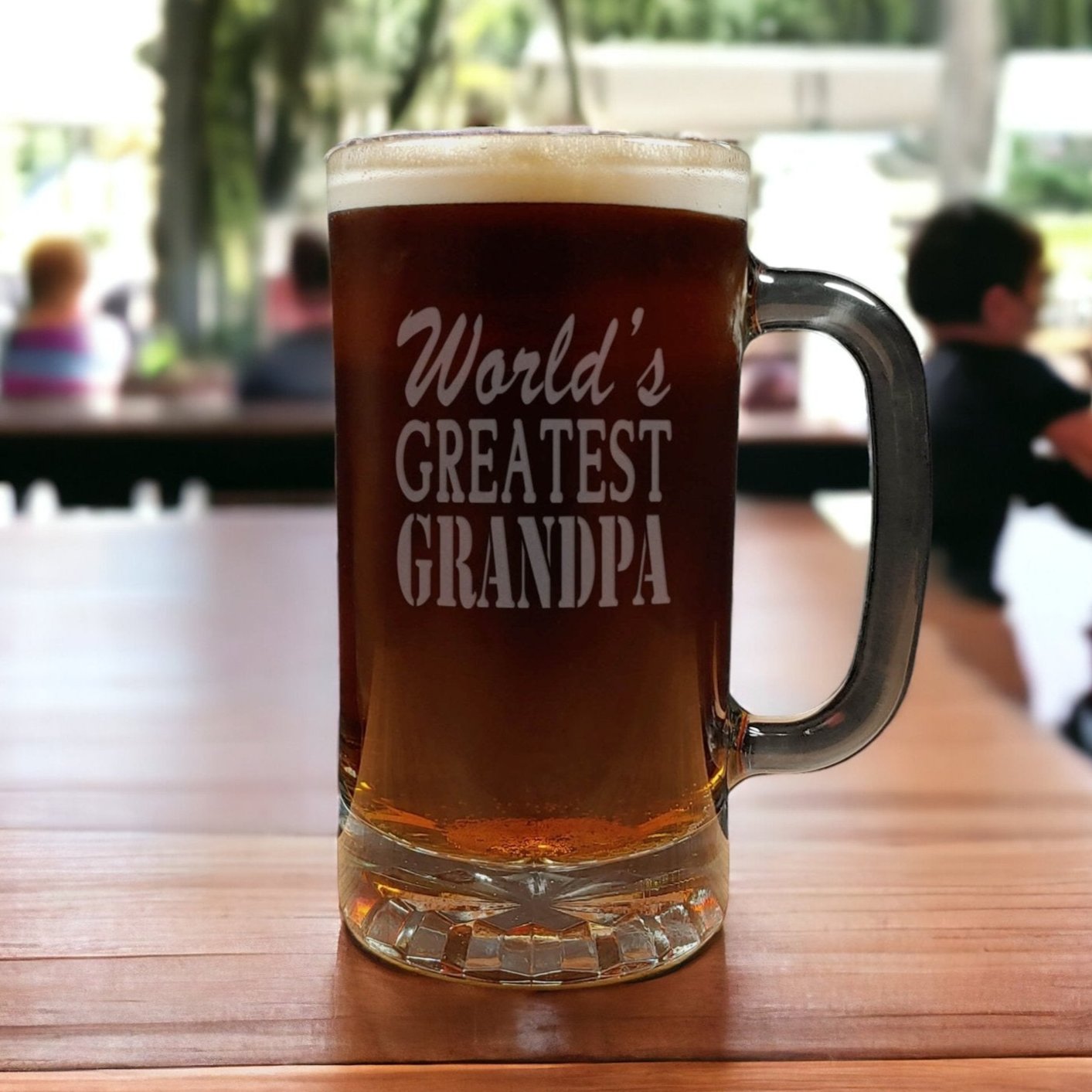 Beer mug with "World's Greatest Grandpa" sandblasted onto the front  - copyright Hues in Glass