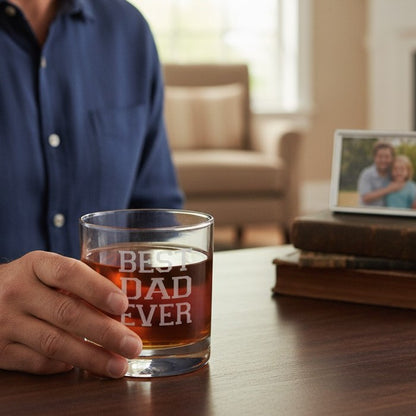 “Best Dad Ever” Etched Whiskey Glass – 11oz Premium Rocks Glass Gift