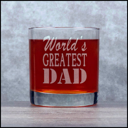 “World's Greatest Dad” Etched Whiskey Glass – 11oz Premium Rocks Glass Gift