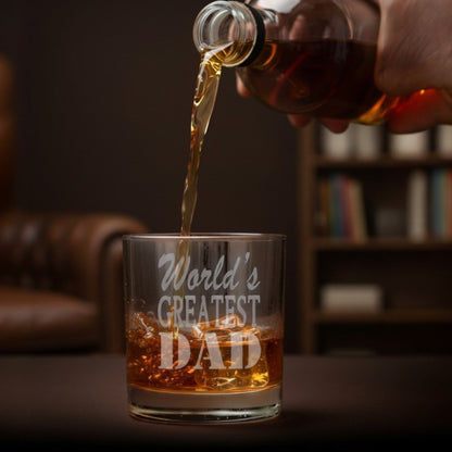 “World's Greatest Dad” Etched Whiskey Glass – 11oz Premium Rocks Glass Gift
