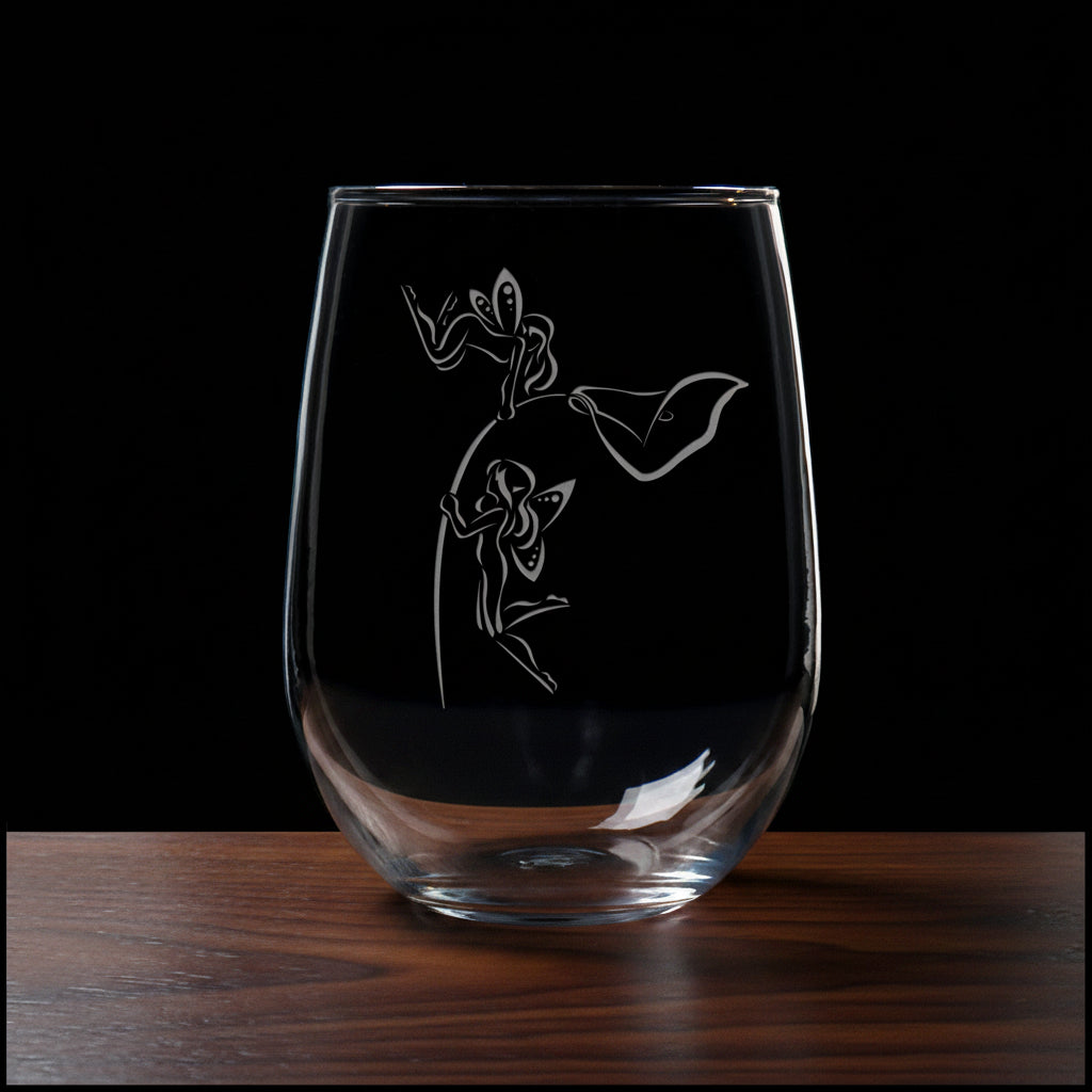 Clear glass with etched design of fairies hovering on the stem of a lily flower on a  wooden surface with a black background