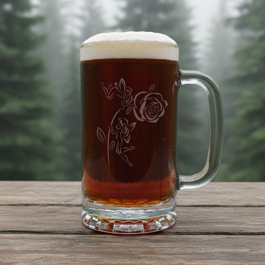 Fairies and Rose Engraved 16oz Beer Mug – Deep Etched Fantasy Pint Glass Gift
