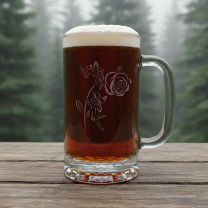 Fairies and Rose Engraved 16oz Beer Mug – Deep Etched Fantasy Pint Glass Gift